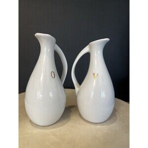Vintage Otagiri Oil & Vinegar 6" White Ceramic Cruet Set with Gold Labeled OV